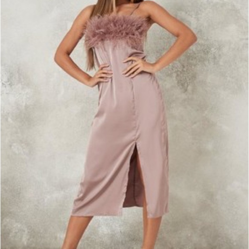 MISSGUIDED Feather Bust Slip Midaxi Dress in Mauve